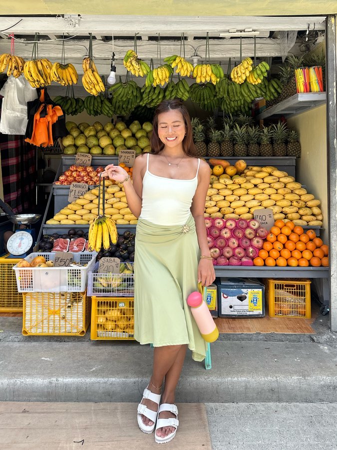 Instagram post by @kylajavier for PEPPERMAYO. Caption reads: fruity 🍌🥭🍊🍉🍅🍍 @peppermayo #PEPPERMAYO.