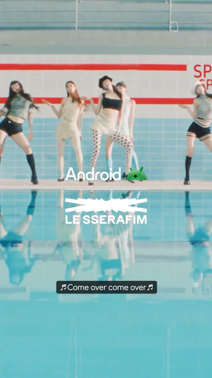 Instagram post by @le_sserafim for Android. Caption reads: Together, Android and @le_sserafim have teamed up....