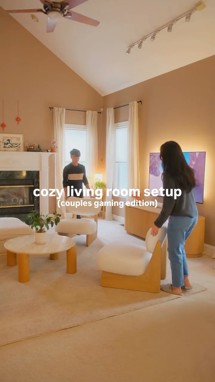 Instagram post by @maisyleigh for Castlery. Caption reads: cozy living room setup 🕯️ (couples gaming edition....