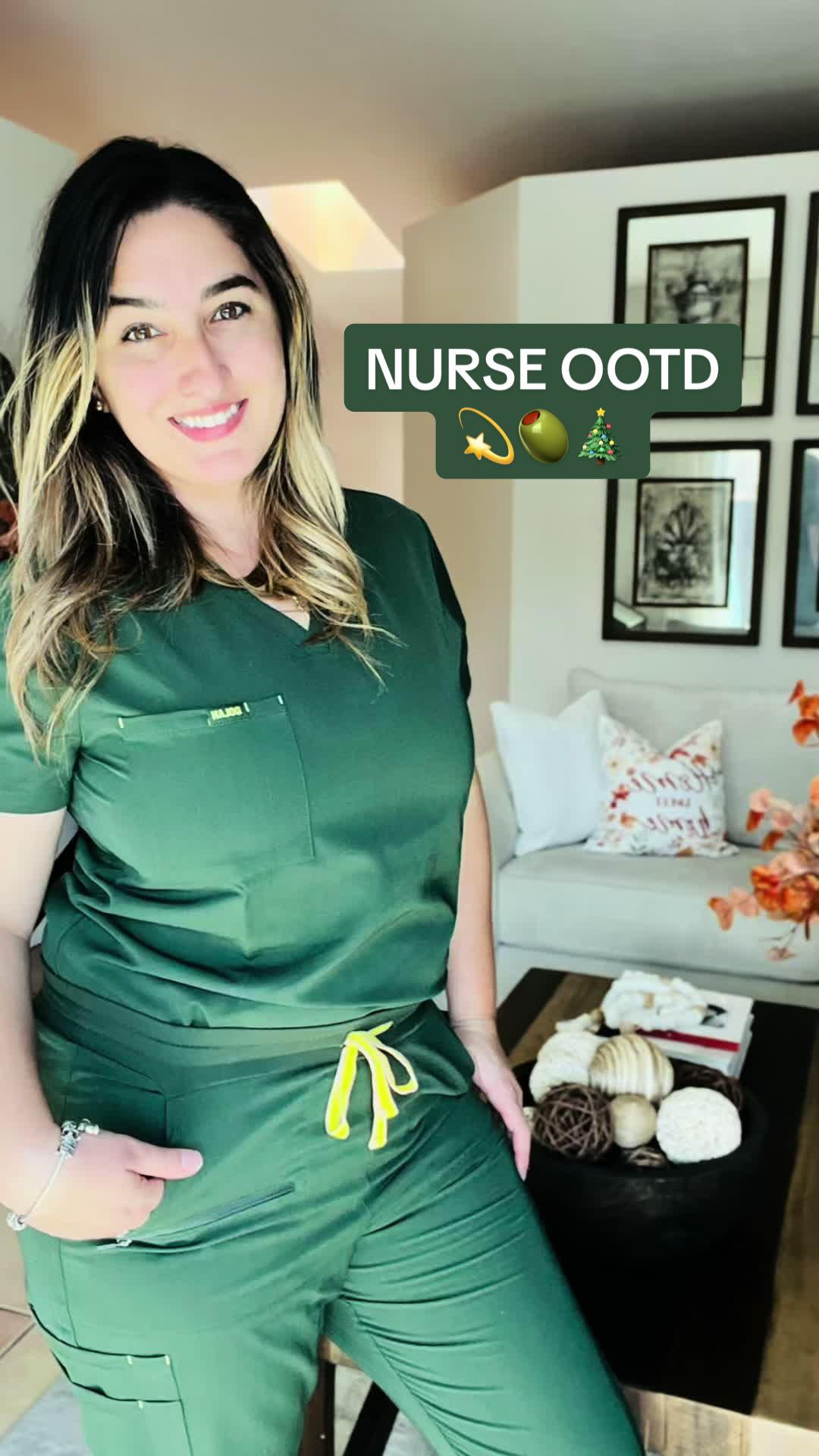 TikTok post by @day_inscrubs for DOLAN Scrubs. Caption reads: [...] of these stunning Olive-colored @DOLAN....
