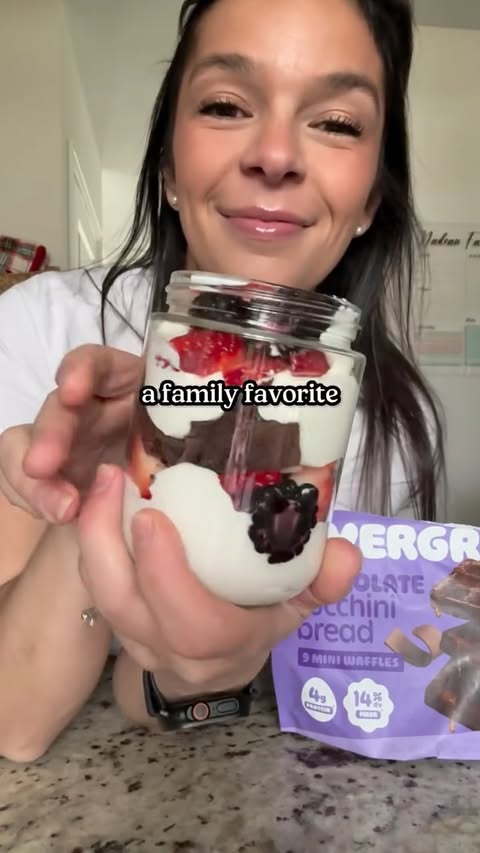 Instagram post by @the.balanced.nutritionist for Eat Evergreen. Caption reads: High Protein Waffle Parfait using @eatevergreen....