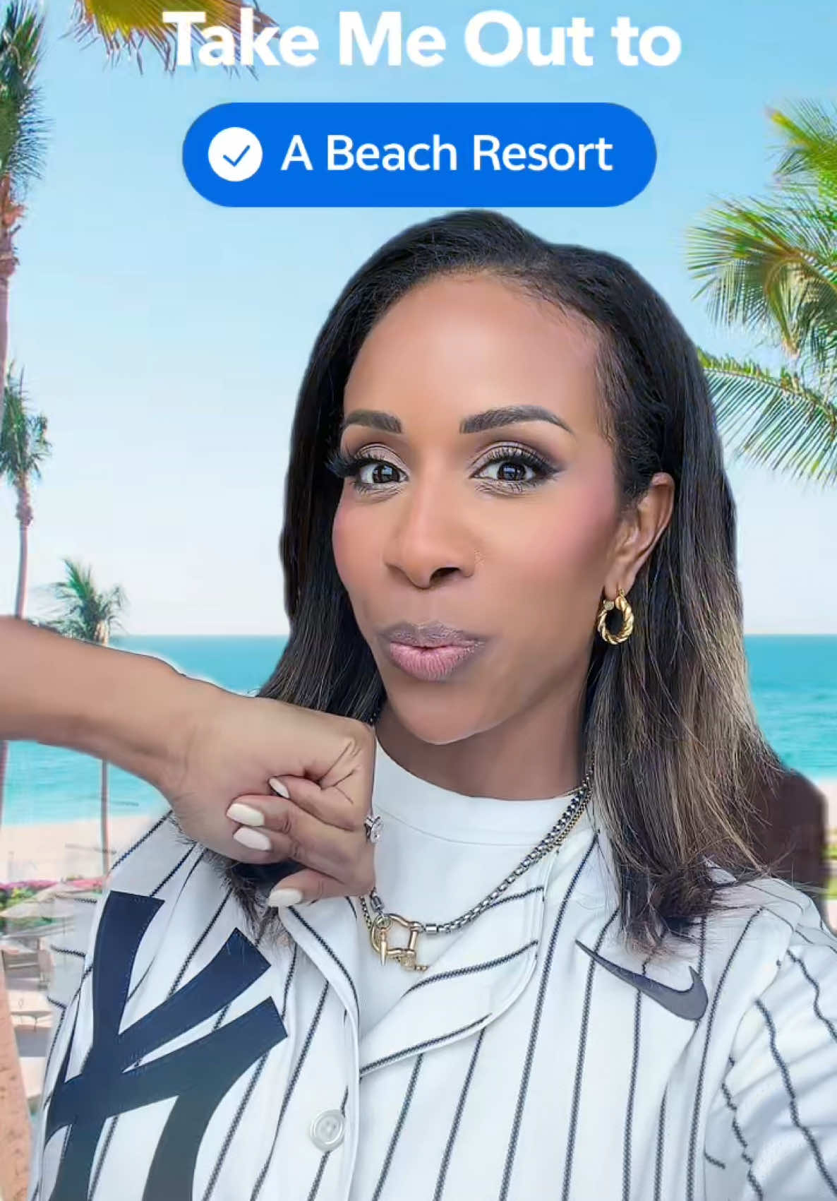 TikTok post by @msnewslady for Booking.com. Caption reads: #AD Not everyone can hit a home run—but everyone....