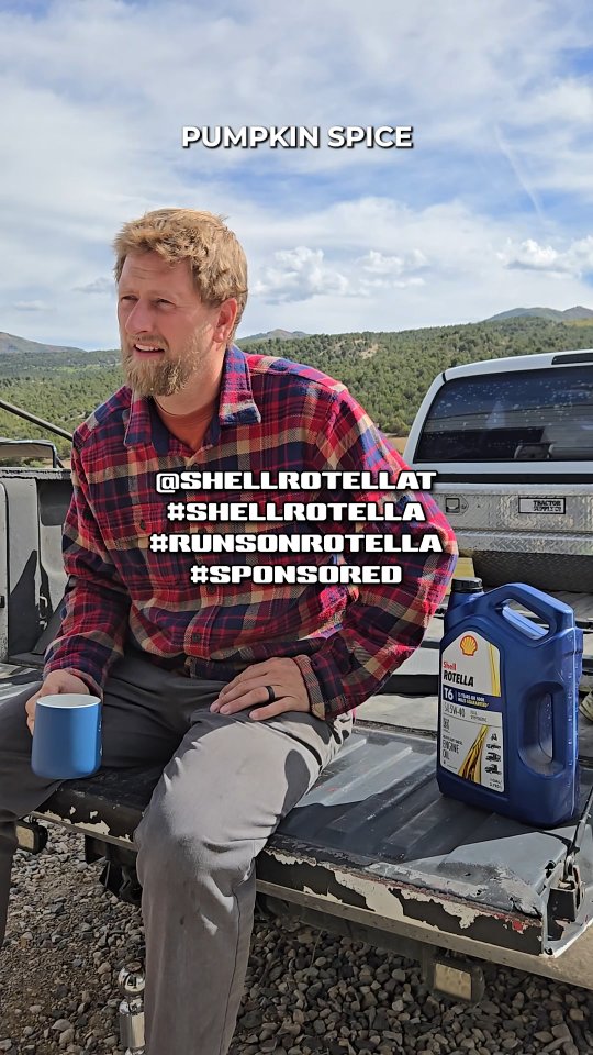 Instagram post by @decent_garage for Shell Rotella. Caption reads: [...] here. 🍂☕ When temps drop, I trust....