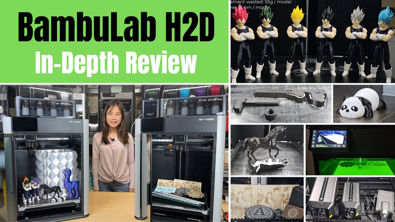 YouTube post by @AuroraTech for Thingiverse. Caption reads: Bambu Lab H2D In-Depth Review: Dual Extruder,....