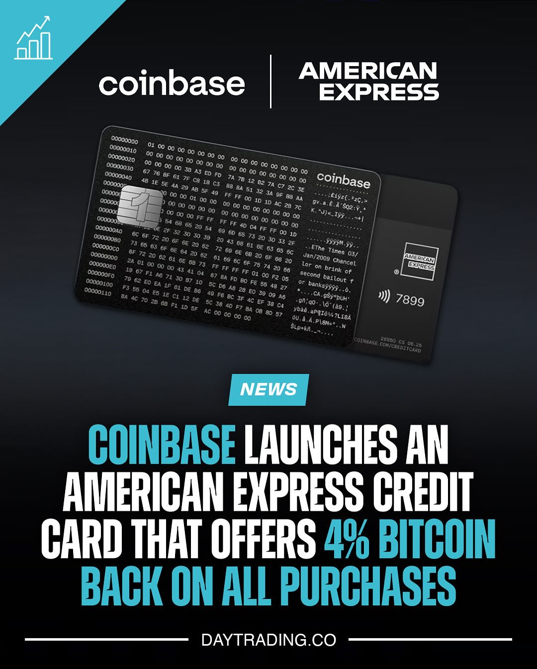 Instagram post by @daytrading for American Express. Caption reads: Coinbase has partnered with American Express to....