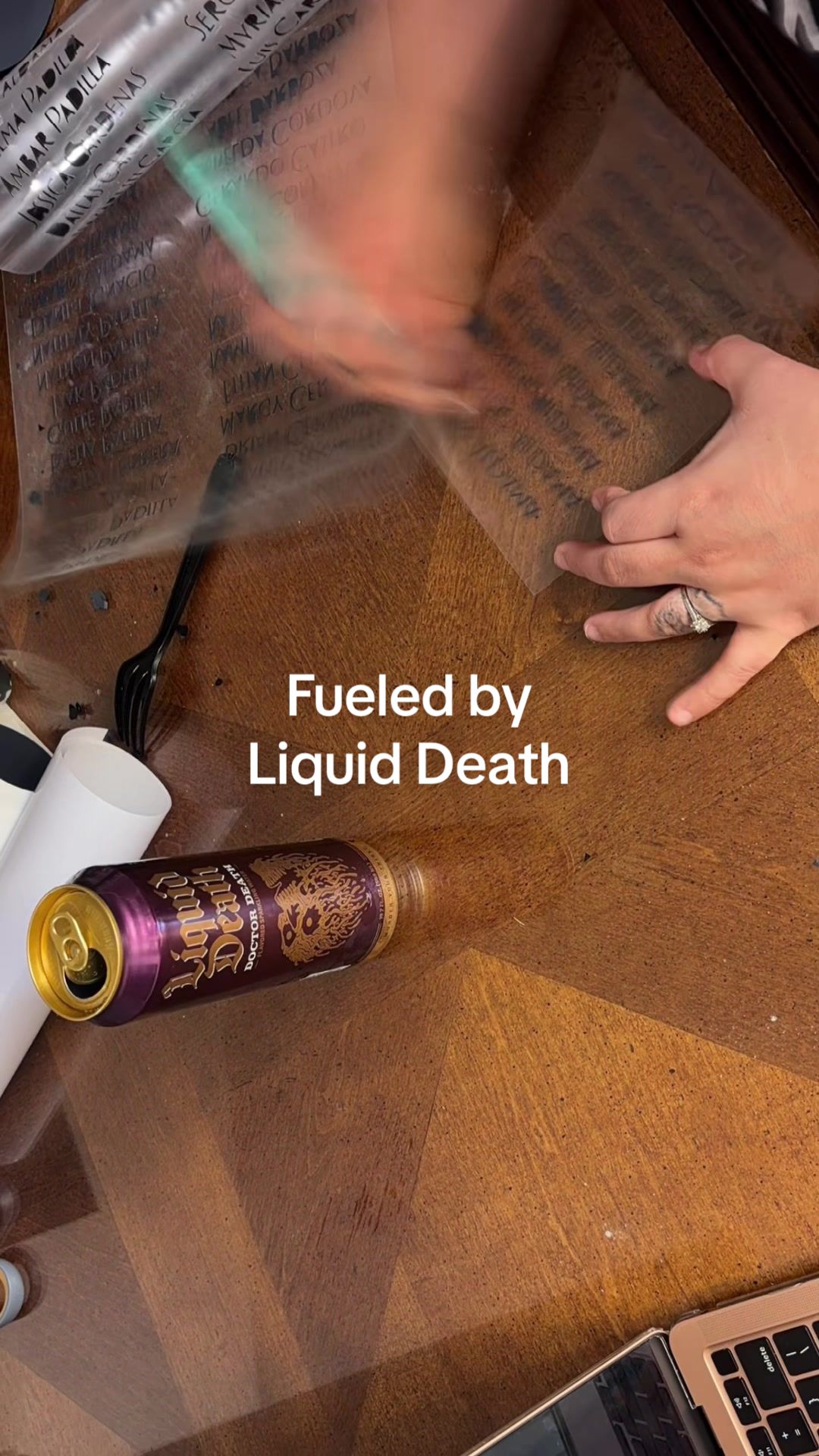 TikTok post by @mayraalexaldama for Liquid Death. Caption reads: @Liquid Death is the only thing getting [...].