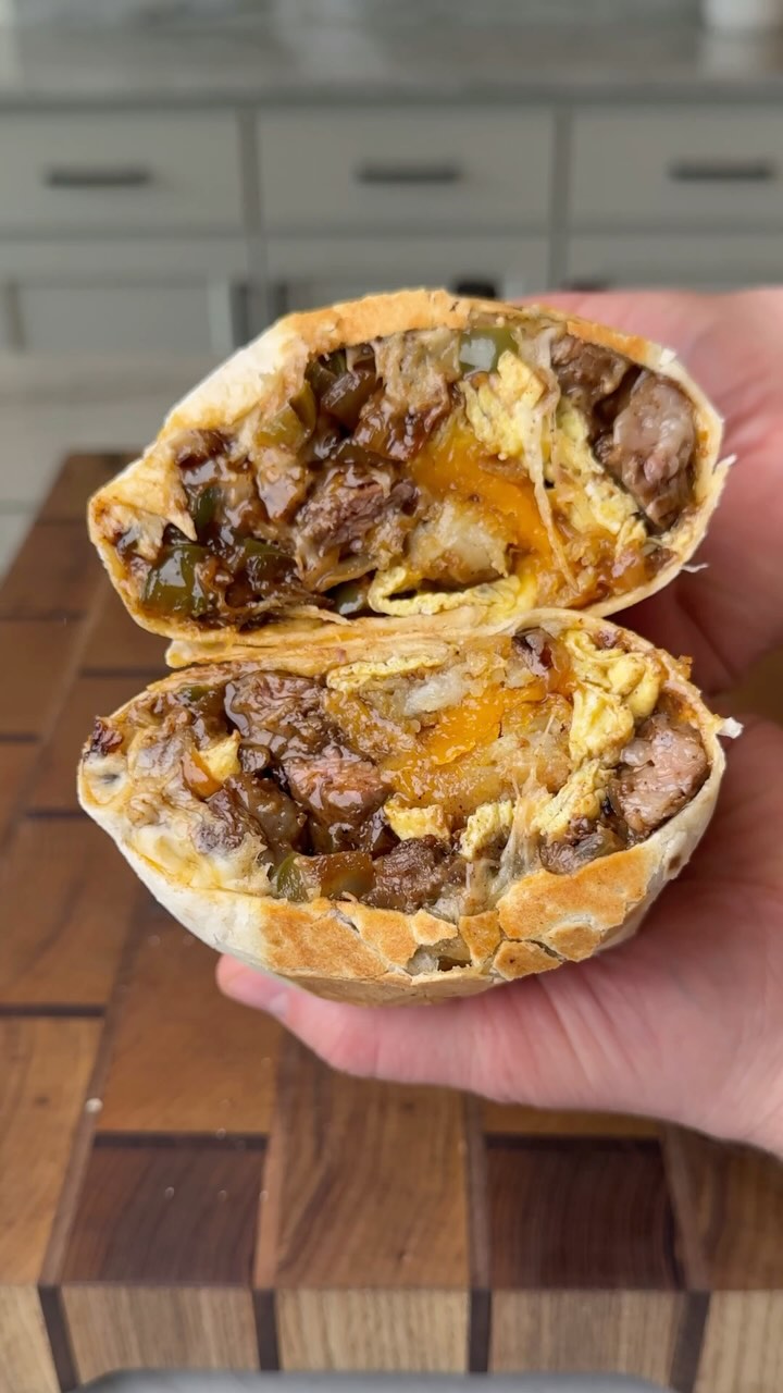 Instagram post by @burnt_pellet_bbq for 5-hour ENERGY. Caption reads: Steak & Egg Breakfast Burritos 

Getting the....