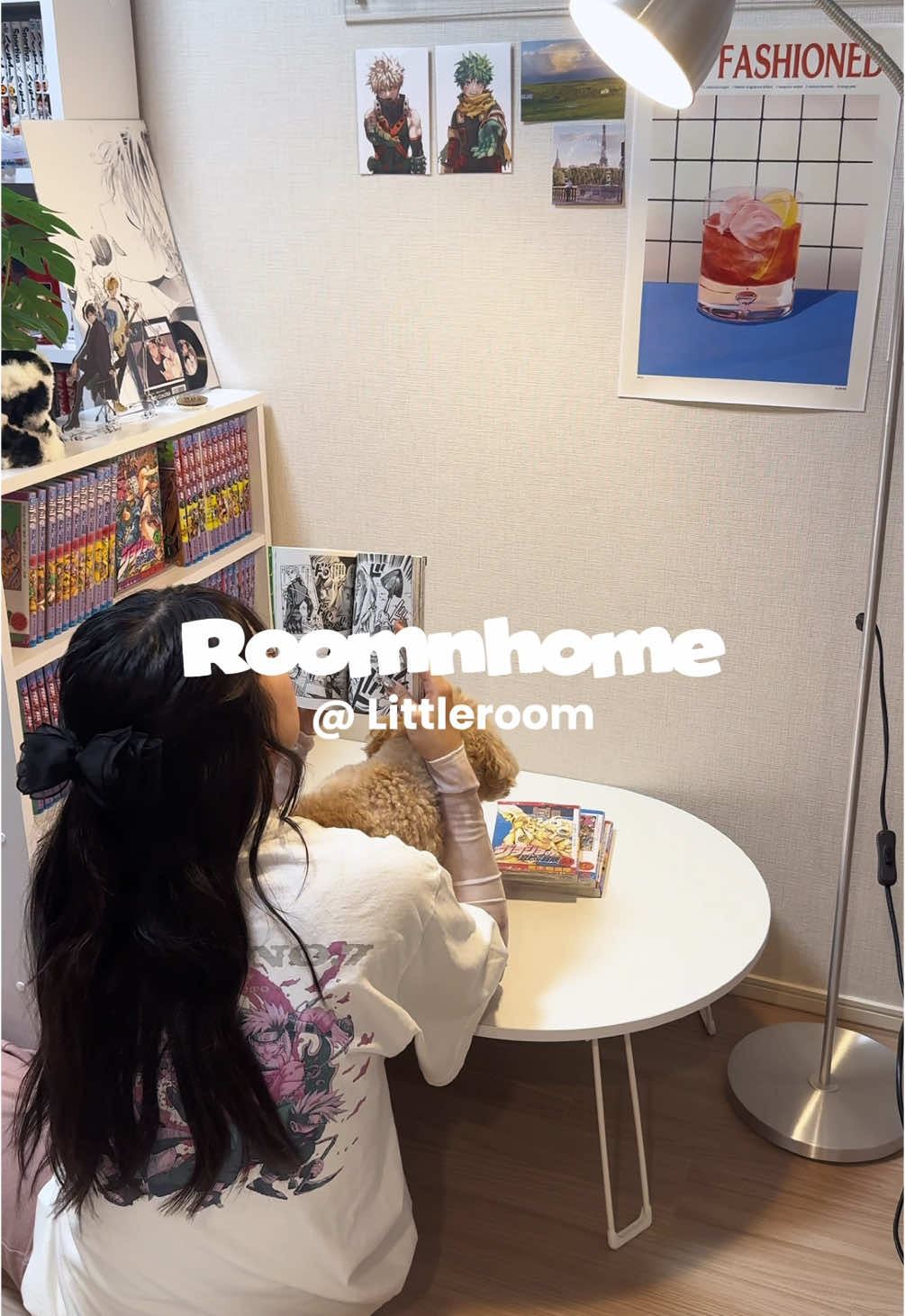 TikTok post by @muginc018 for Little Rooms. Caption reads: 〜わたしの秘密基地 〜 折りたたみ半月ローテーブル  𝐜𝐨𝐮𝐩𝐨𝐧 ⌇﻿....