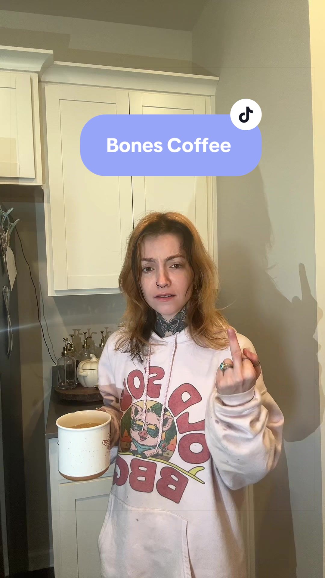 TikTok post by @crunchymomsourdough for Bones Coffee Company. Caption reads: [...] #coffeetiktok #loud #fyp #high @Bones Coffee....