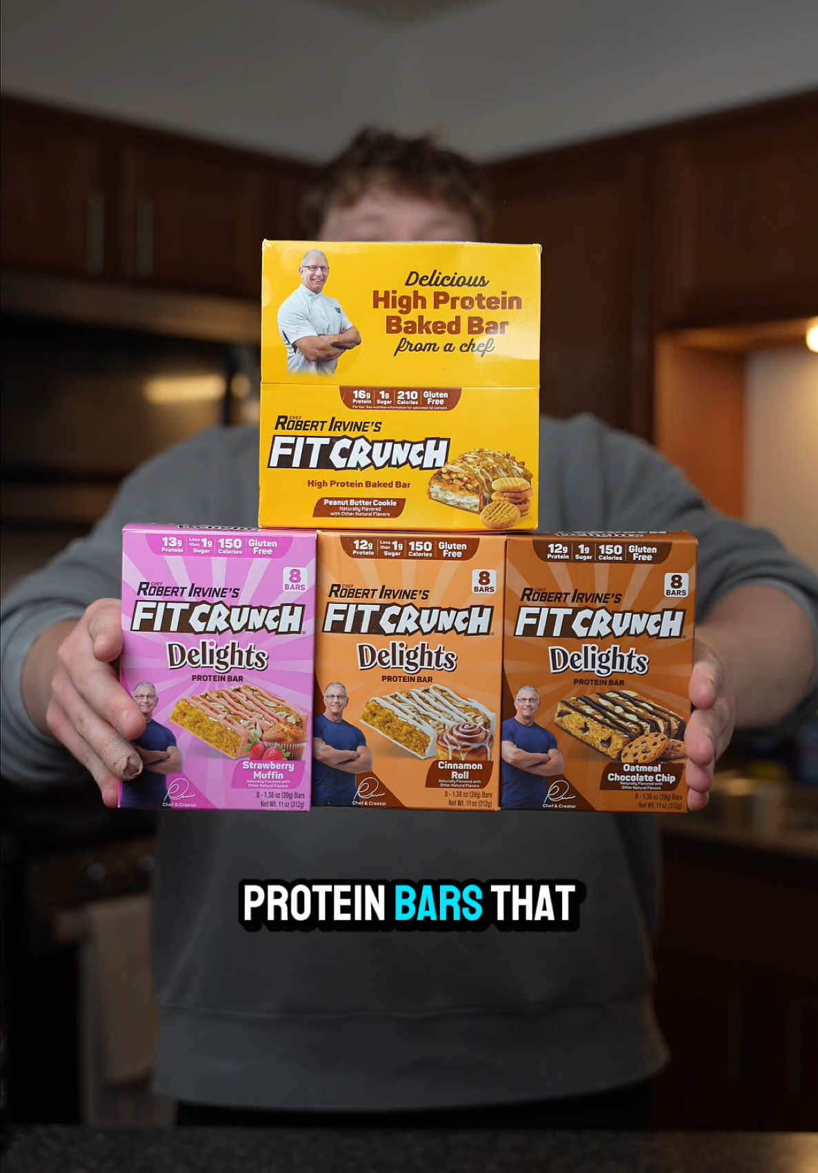 TikTok post by @yupryan for FITCRUNCH. Caption reads: New @FITCRUNCH bars dropped recently so let’s try....