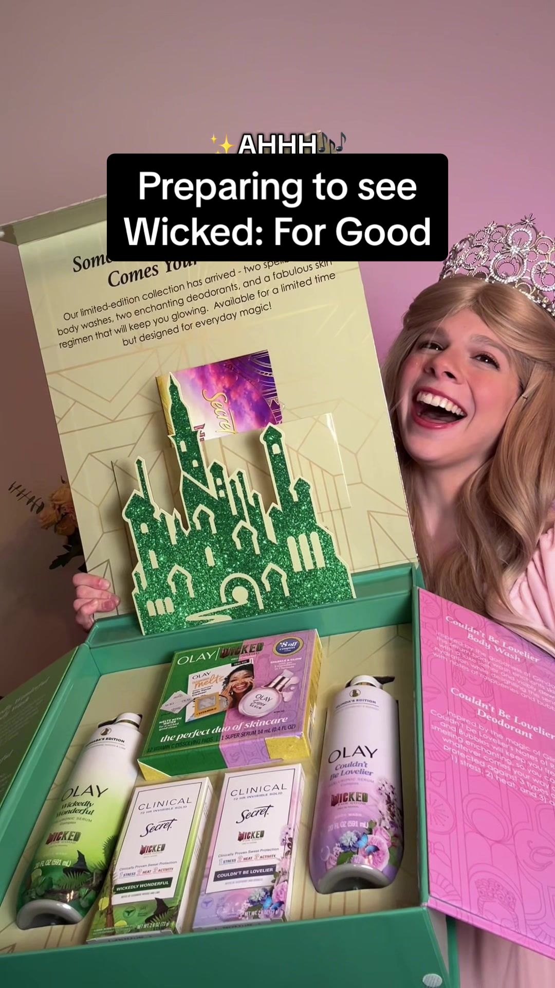 TikTok post by @ladylaurencassidy for OLAY. Caption reads: He has never seen the musical #giftedbyolay....