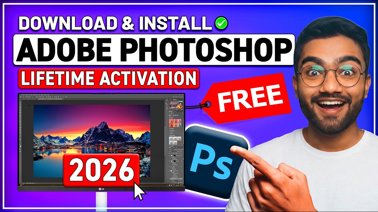 YouTube post by @TechyArsh for Adobe Spark. Caption reads: How to Download Adobe Photoshop for FREE on PC,....