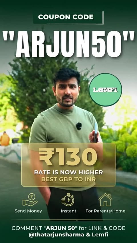 Instagram post by @thatarjunsharma for LemFi. Caption reads: Comment “ARJUN 50” and I’ll send you the LemFi....