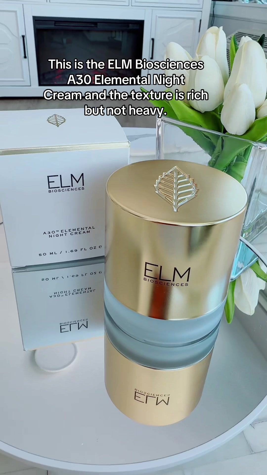 TikTok post by @mia_manhattan_ny for Elm Biosciences. Caption reads: [...] tired, or dull skin before bed. @Elm....