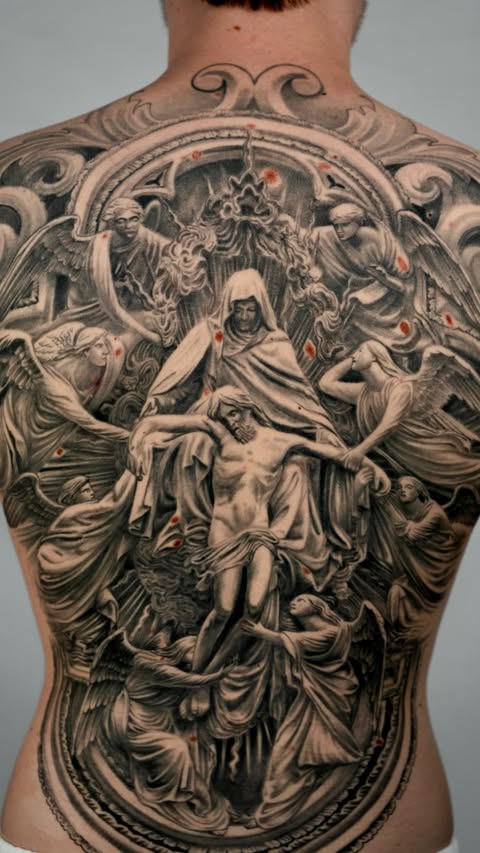 Instagram post by @perciastattoo for EZ Tattoo Supply. Caption reads: Full healed back piece tattoo Done at....