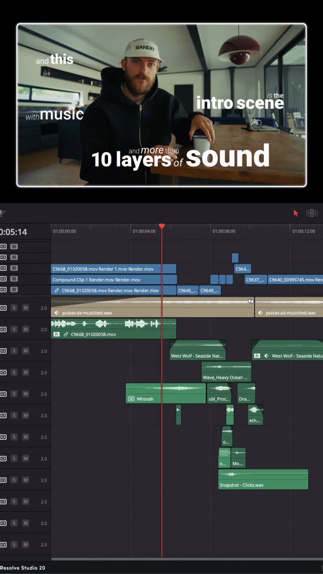 Instagram post by @gksieben for Musicbed. Caption reads: sound design bts from the latest yt video intro....