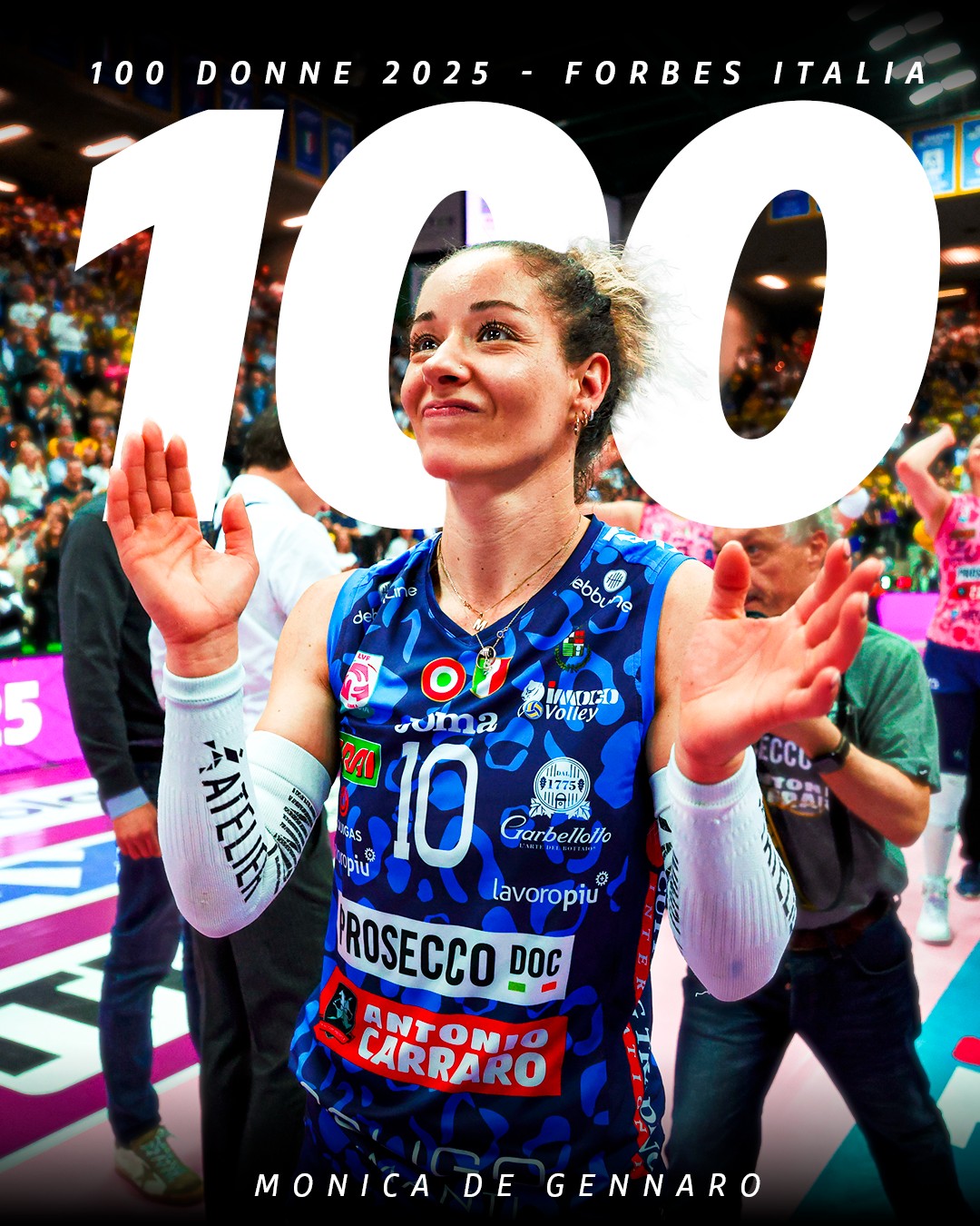 Instagram post by @justvolleyballllll for Forbes. Caption reads: 🔝📈📊 MOKI DE GENNARO TRA LE 100 DONNE DI....