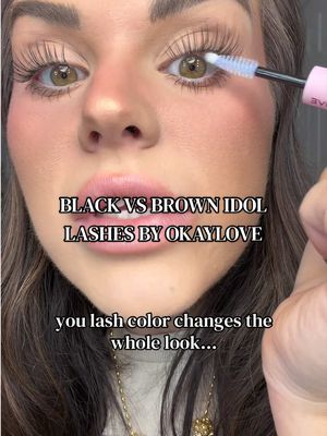 TikTok post by @everydaywhitneygee for Okay Love Lashes. Caption reads: Black or brown… and YES, the brown actually shows....
