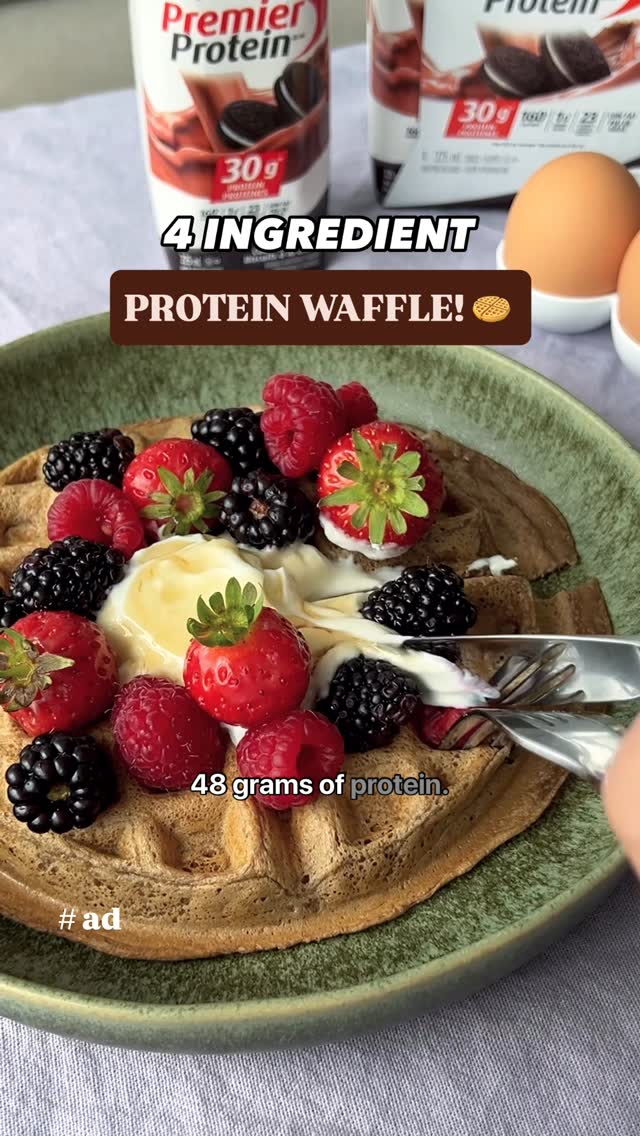 Instagram post by @eatingwithkirby for Premier Protein. Caption reads: #ad | 48g of protein in these 2 waffles thanks to....