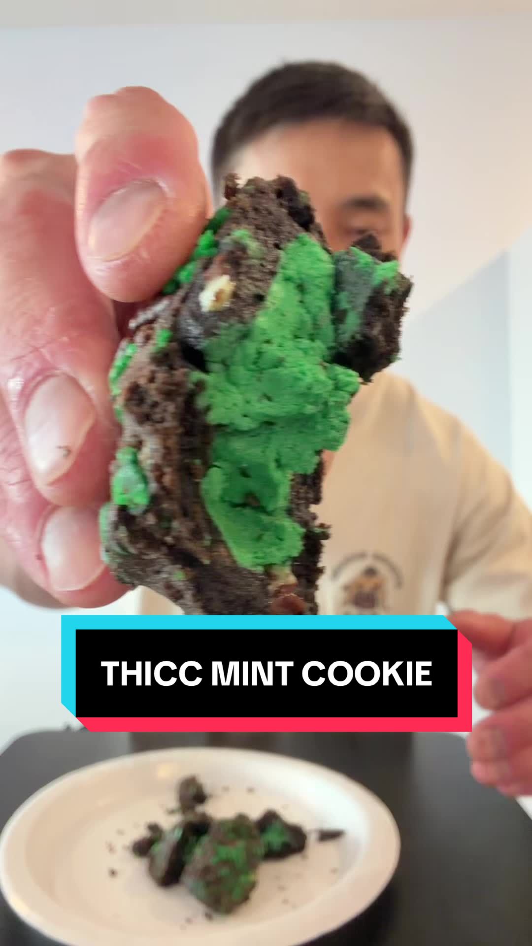 TikTok post by @j_jungy for Fat & Weird Cookie. Caption reads: THICC MINT COOKIE @Fat & Weird Cookie Company....