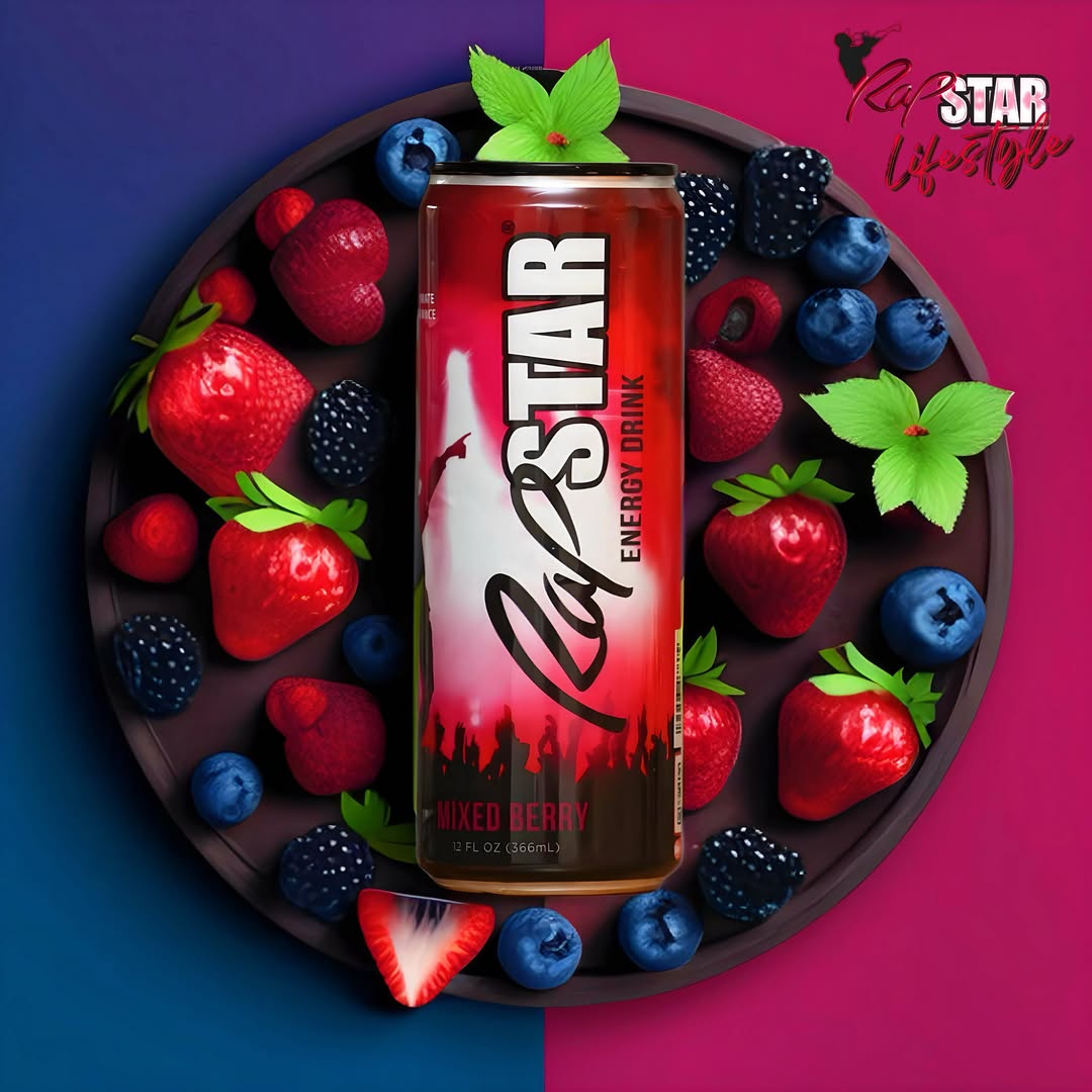 Instagram post by @brianraymondphoto for Rapstar Energy. Caption reads: Mixed Berry RapStarEnergy ⚡️🍓🔥....