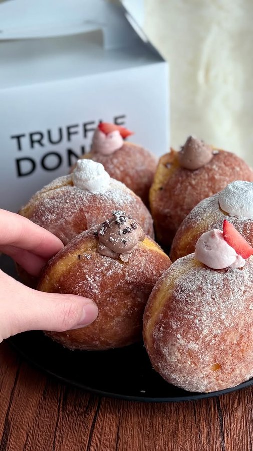 Instagram post by @iru_gourmet for TRUFFLE DONUT. Caption reads: [...] 2/8〜 new menu!!! 関東初上陸！ 大人気の生ドーナツ専門店「TRUFFLE....