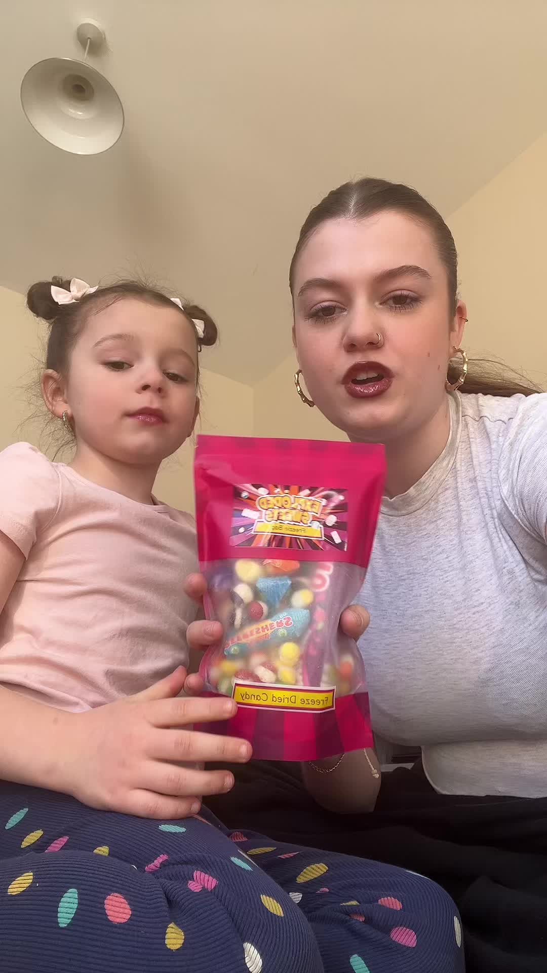 TikTok post by @me9an.m for Exploded Sweets. Caption reads: Trying freeze dry candy #freezedriedcandy #me9an....