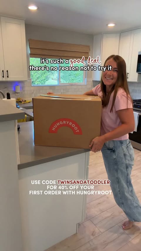 Instagram post by @twinsandatoddlertravel for Hungryroot. Caption reads: [...] kids in the house 😱 Thanks to @hungryroot....
