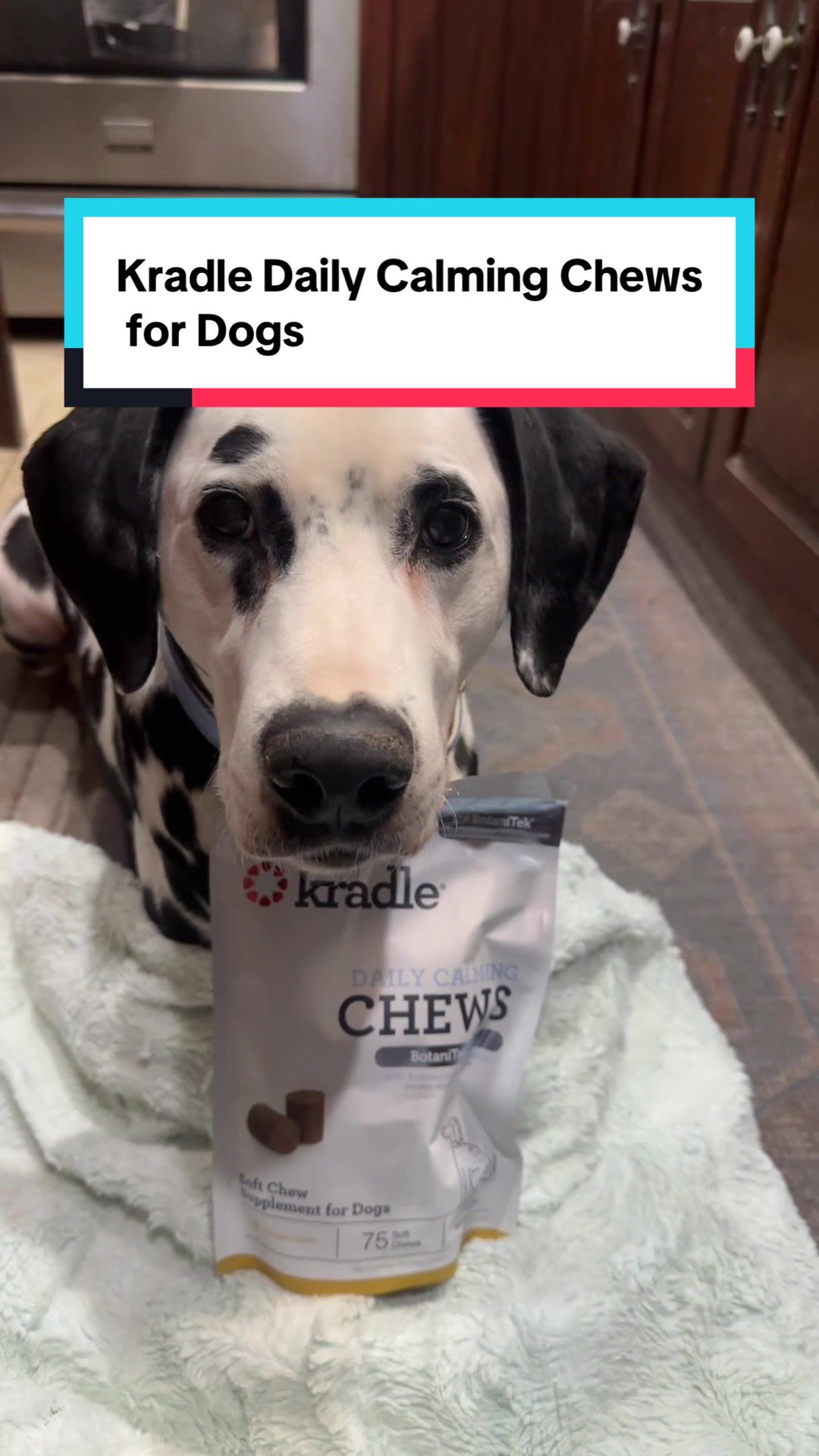 TikTok post by @mardigras68 for Kradle. Caption reads: Kradle Daily Calming Chews for Dogs, Chicken [...].