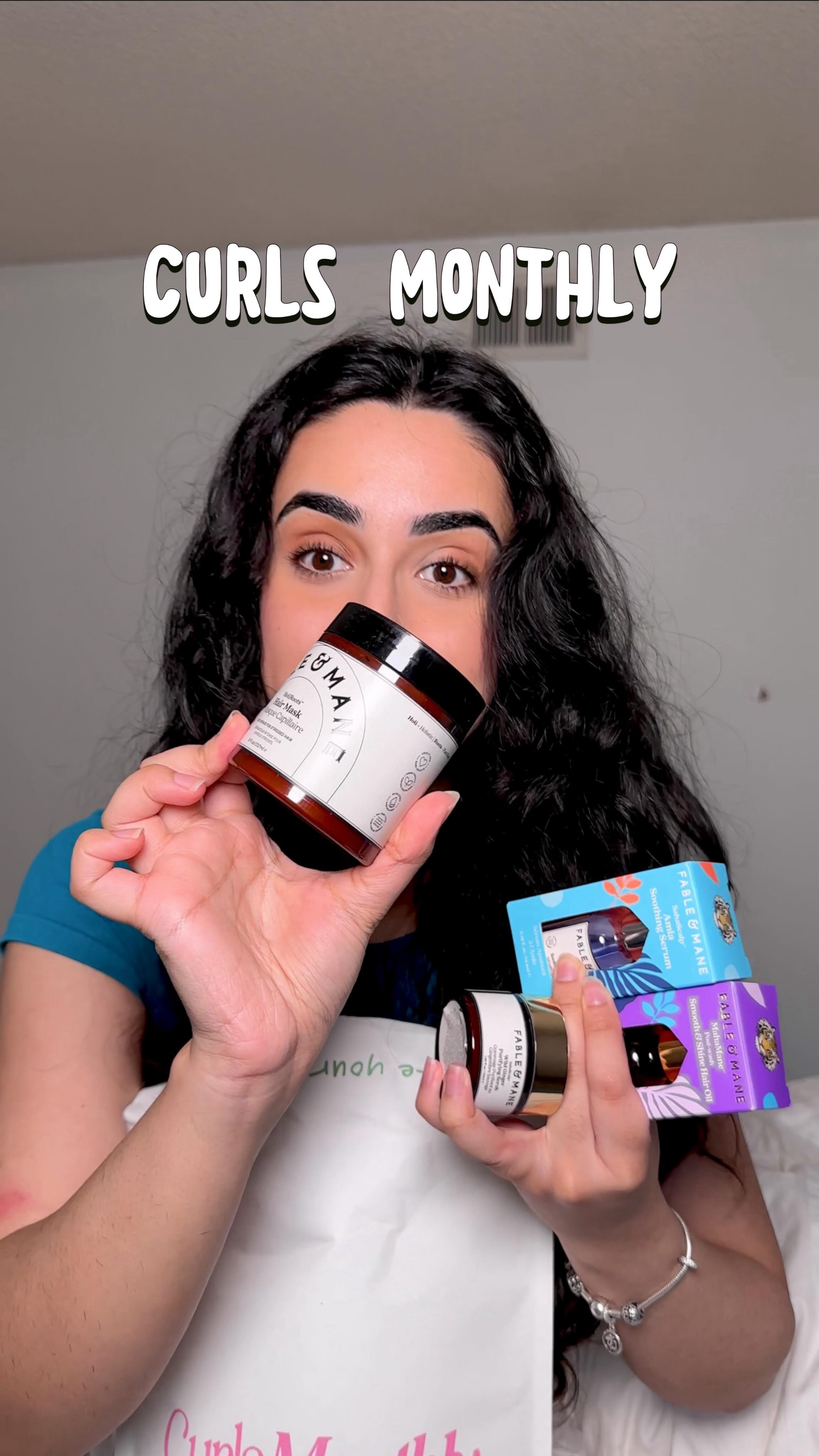 Instagram post by @sumans.waves for Curls Monthly. Caption reads: [...] using products from this month’s....