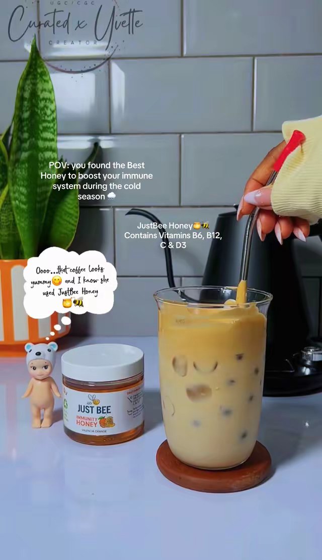 TikTok post by @curatedxyvette for Just Bee Honey. Caption reads: #honey #justbeehoney #TikTokMadeMeBuyIt....