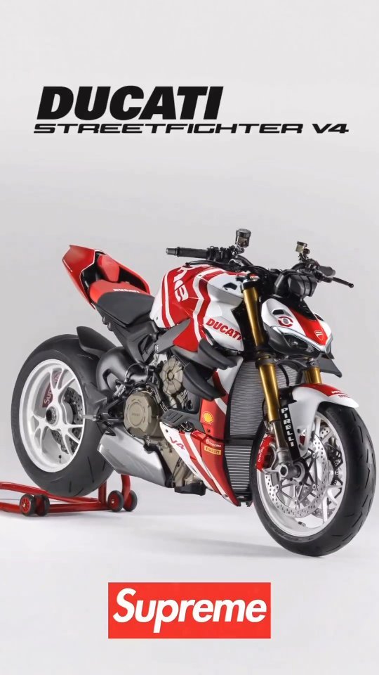 Instagram post by @desmospecial for Supreme. Caption reads: @ducati Streetfighter V4 S Supreme: limited....