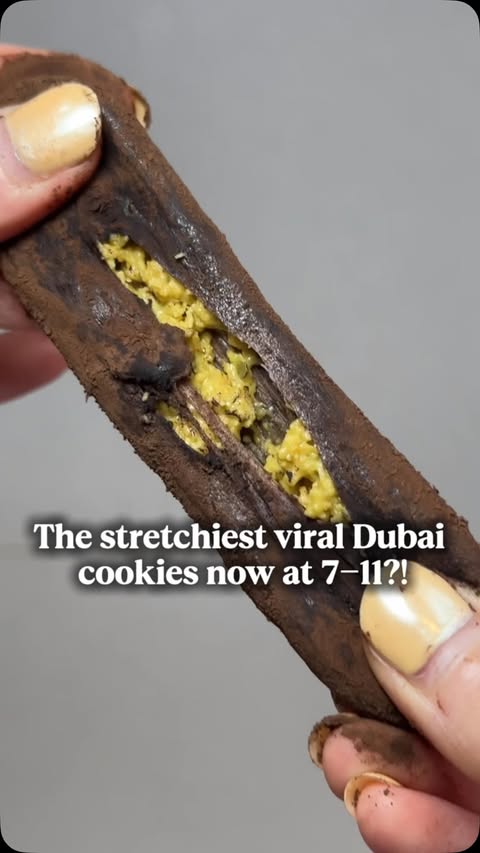 Instagram post by @goodfomood for 7-ELEVEN. Caption reads: SAVE THIS for the STRETCHIEST Dubai Cookie 🍪 .....