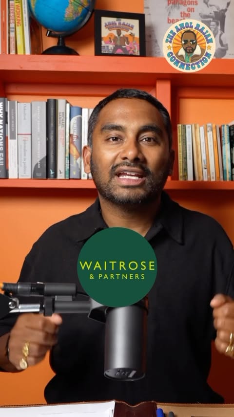 Instagram post by @waitrosepr for Waitrose. Caption reads: [...] exciting day! @amolrajanconnection 🤝....