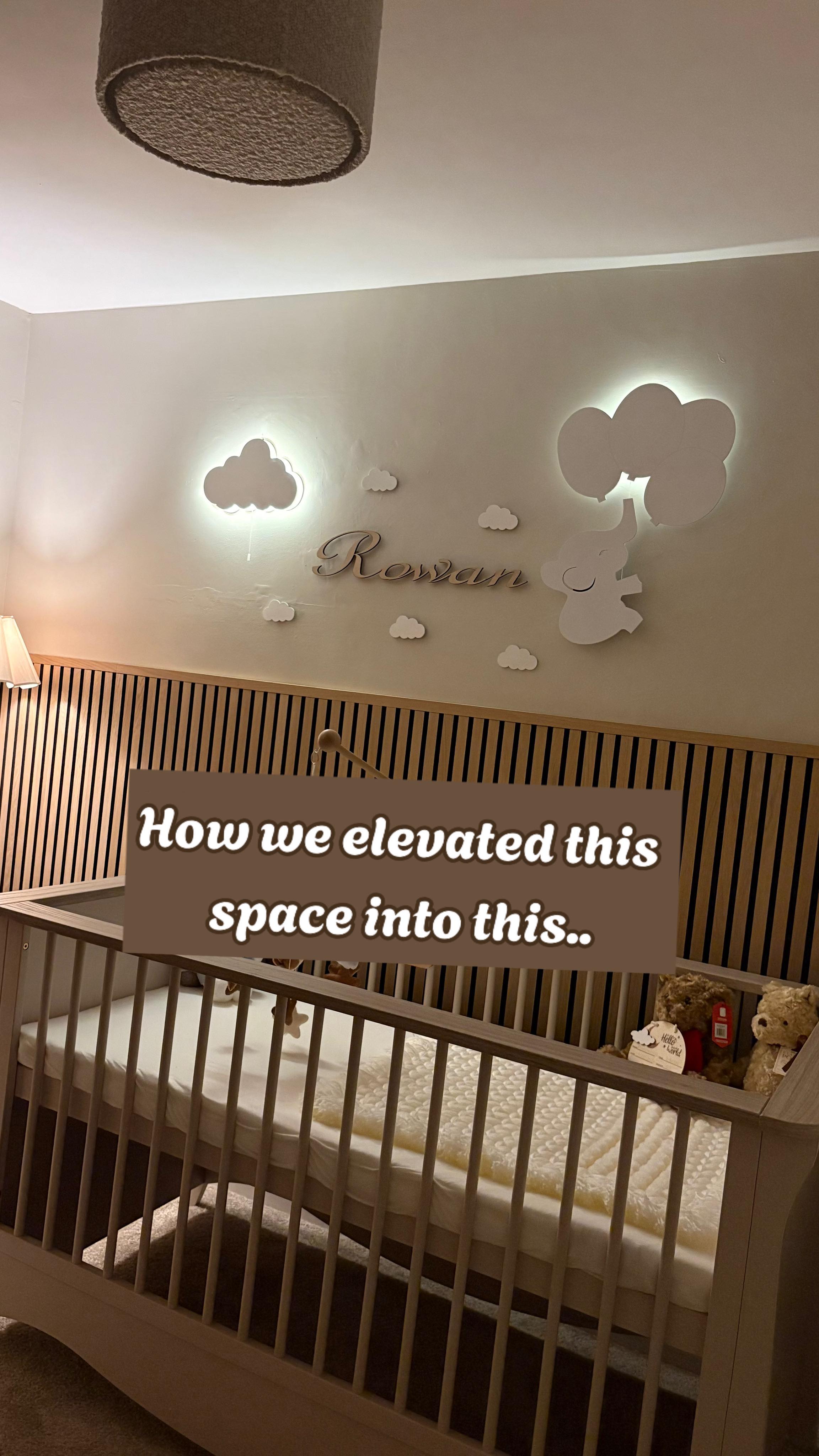 Instagram post by @homewith_thehowards for The Wood Veneer Hub. Caption reads: Nursery transformation 🐻☁️ 

I knew I wanted....