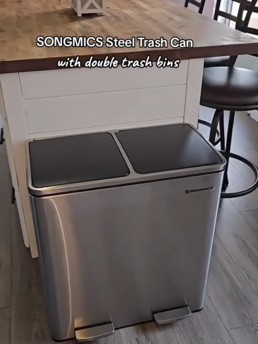 TikTok post by @chelseevilla for Songmics. Caption reads: [...] a double bin trash can! #trashcan #songmics....