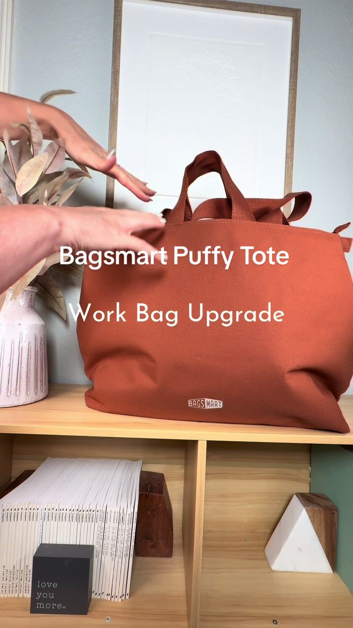 TikTok post by @spill_it_mom for Bagsmart. Caption reads: @BAGSMART Chic 25L Puffy Tote – for [...].