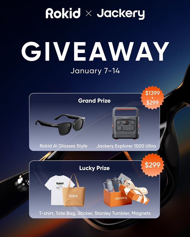 Instagram post by @rokid_global for Jackery. Caption reads: [...] Refined Outdoor Kit | Rokid × Jackery To....