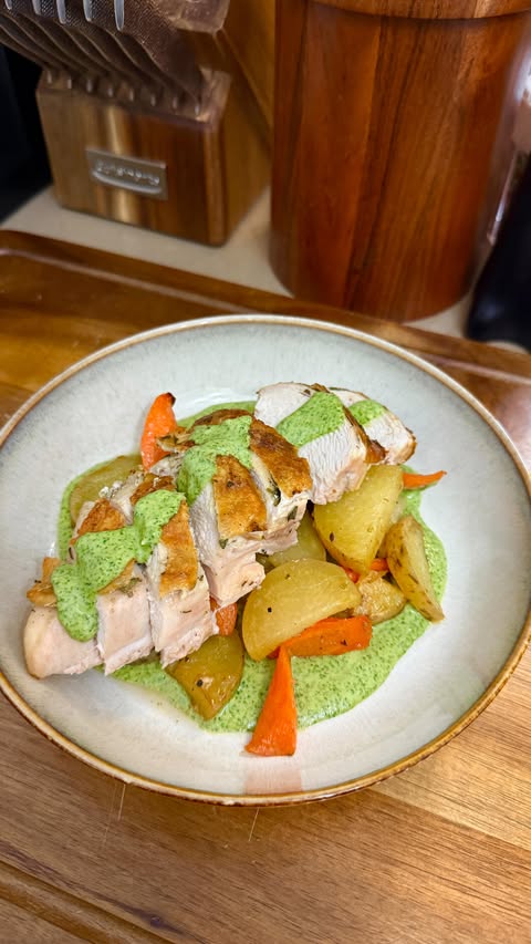 Instagram post by @simpler_eats for Le Creuset. Caption reads: Roast chicken with the BEST herb sauce 🤤 I....