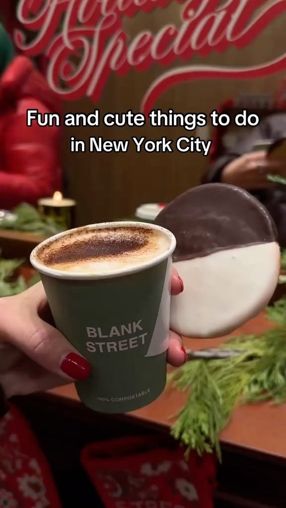 Instagram post by @elizabethfowlerx for Blank Street. Caption reads: Fun things to do in NYC: @blankstreet holiday....