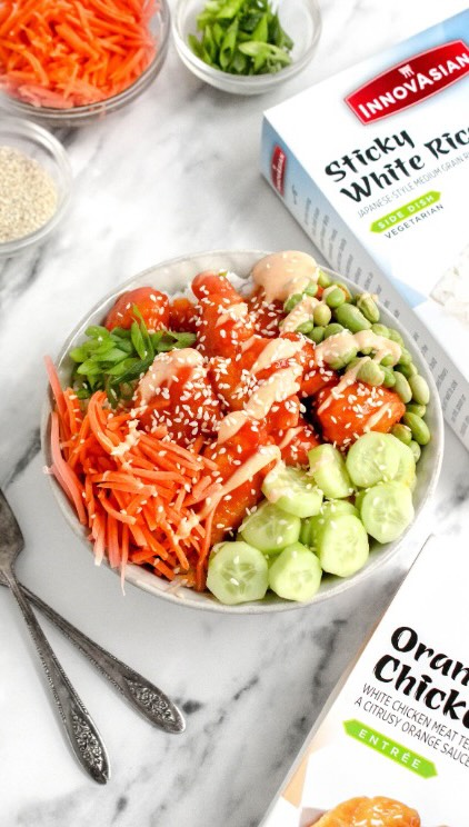 Instagram post by @mymessykitchenn for InnovAsian Cuisine. Caption reads: Easy dinner, but make it colorful 🥣✨These Orange....