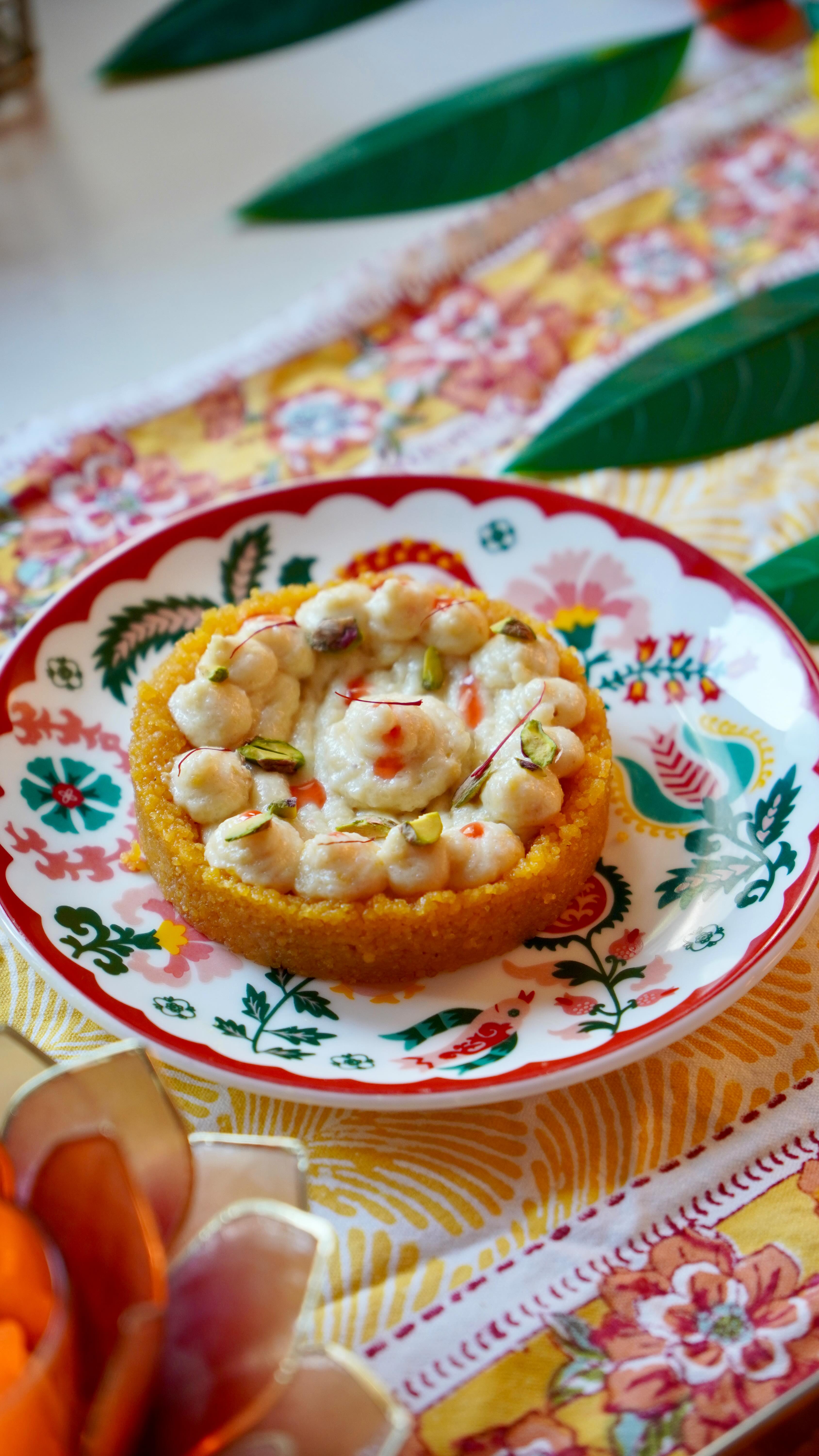 Instagram post by @feashts for Fortune Foods. Caption reads: Motichoor Laddoo Tart with Payesh....