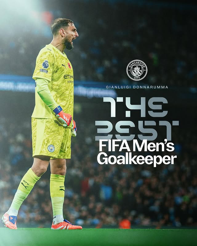 Instagram post by @donnarumma for Manchester City. Caption reads: Gianluigi Donnarumma has been named The Best FIFA....