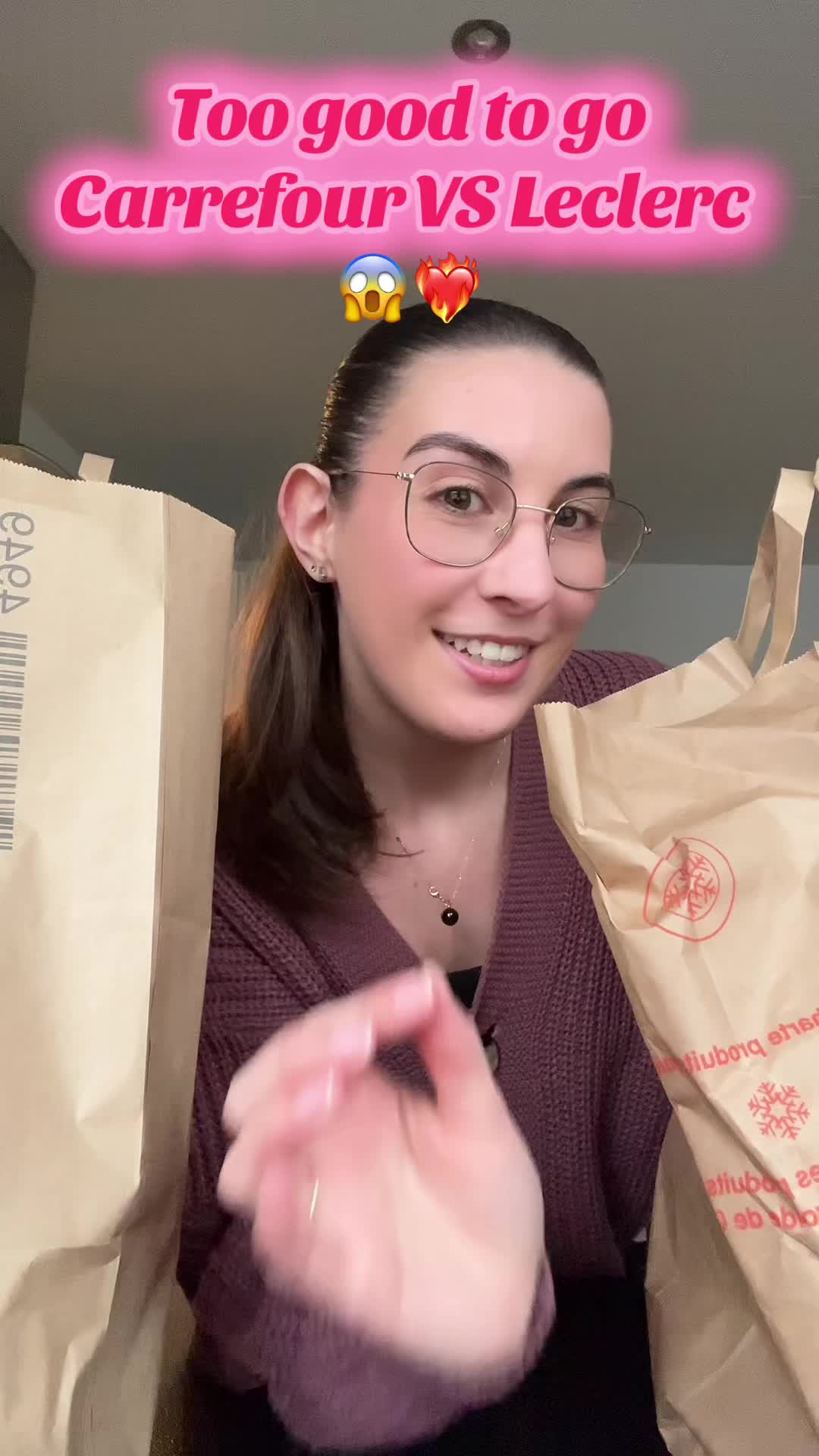 TikTok post by @paulineetgourmandises for E.Leclerc. Caption reads: @Too Good To Go @Carrefour France VS @E.Leclerc ....