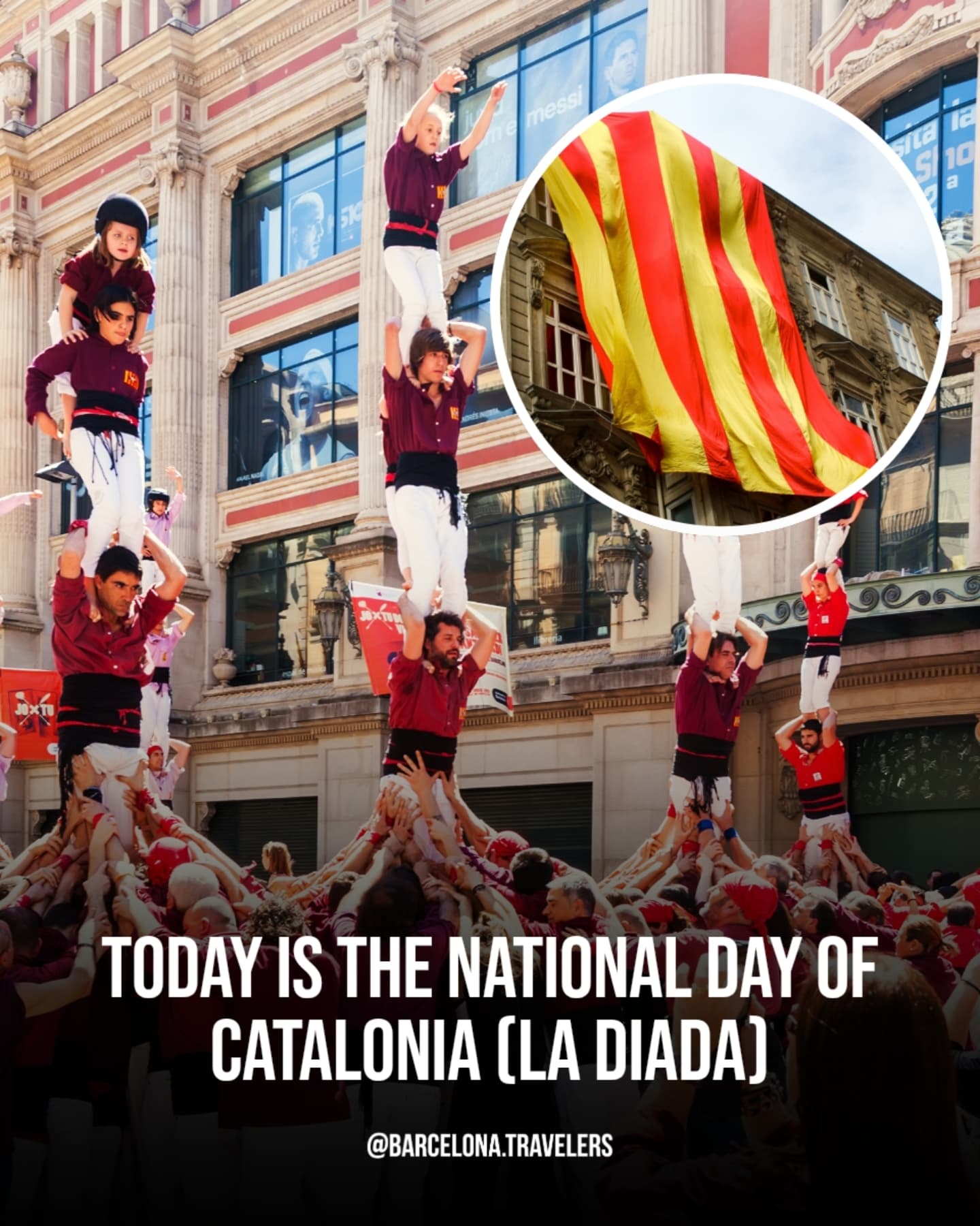 Instagram post by @barcelona.travelers for Tripscout. Caption reads: La Diada is here in Barcelona 😍✨ 

💡Mini guide....