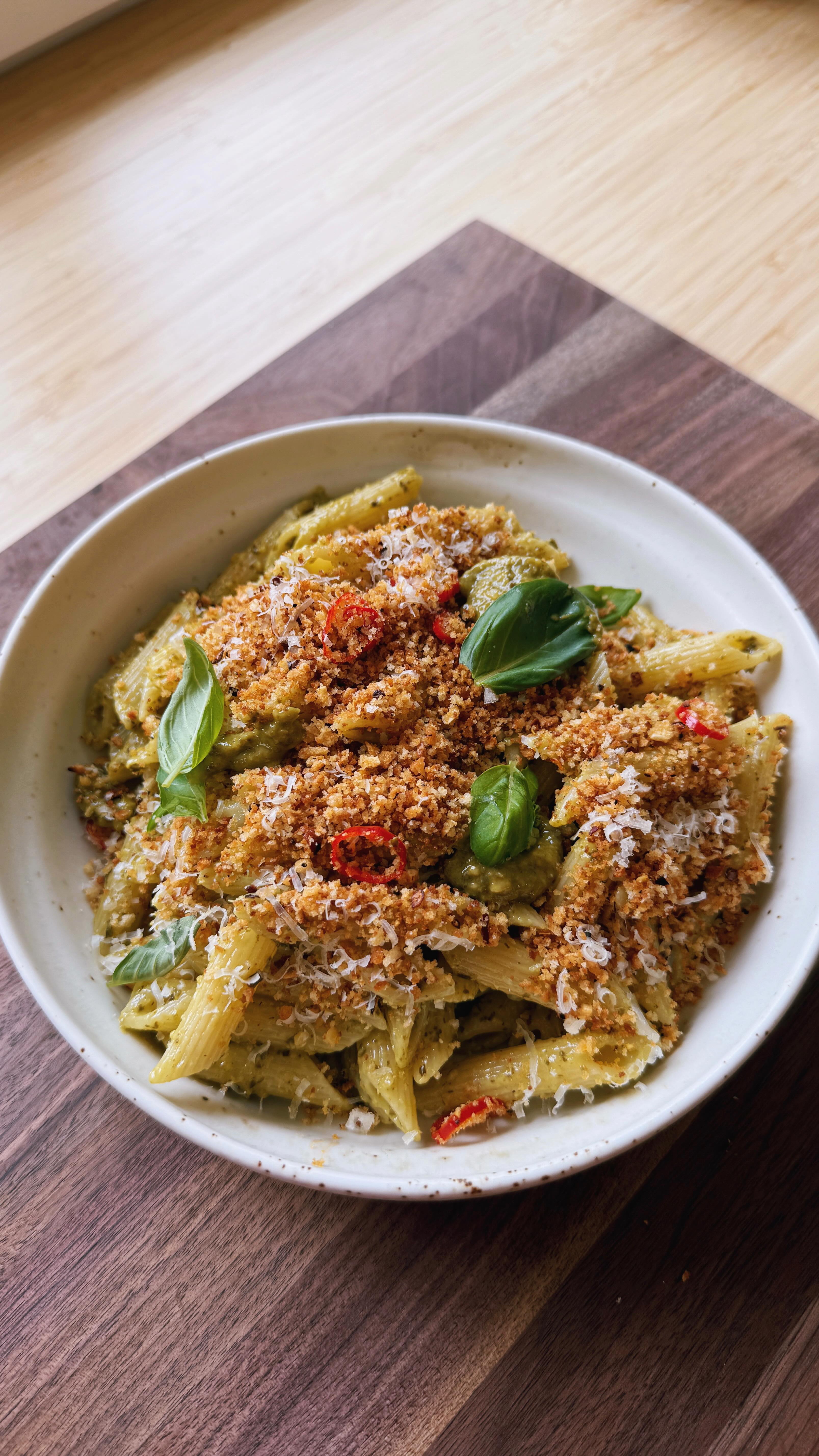 Instagram post by @brendan_pang for Barilla. Caption reads: [...] A CRISPY CHILLI PANGRITATA 🍝🌶️ Pesto....