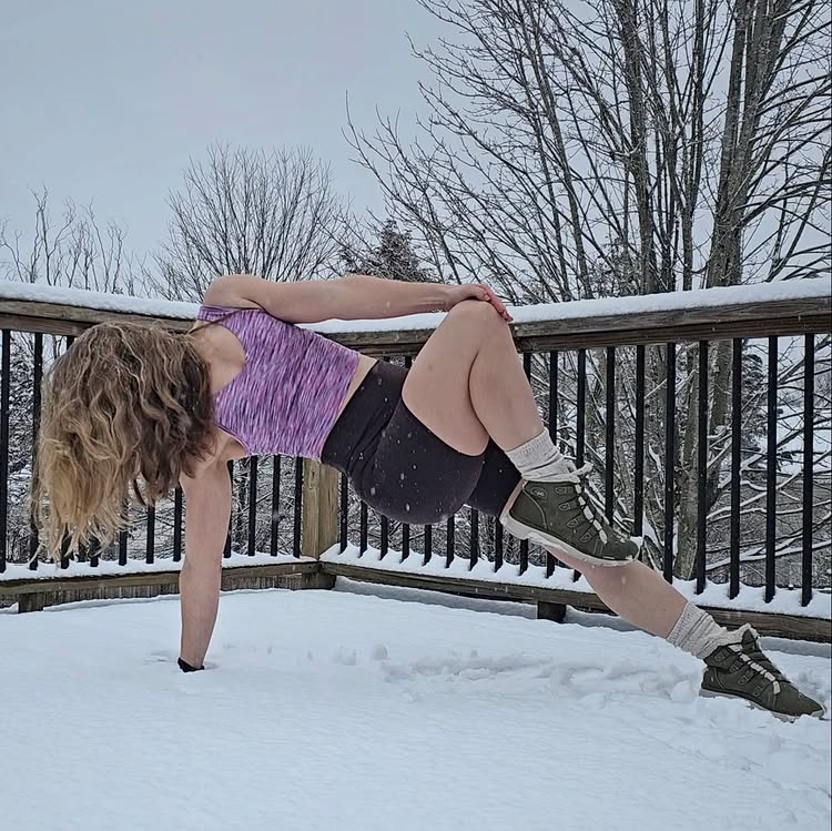Instagram post by @bowlingandyoga for Ellie. Caption reads: Side Plank but make it ❄

Joining in the....