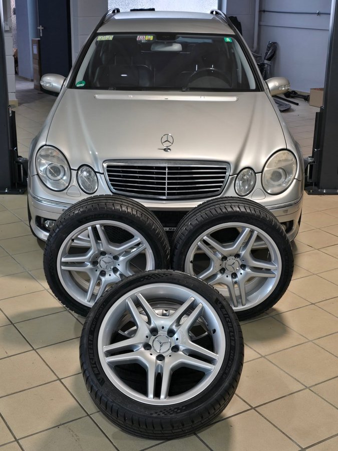 Instagram post by @m539_restorations for Michelin. Caption reads: #werbung A new episode of project E55 AMG had....