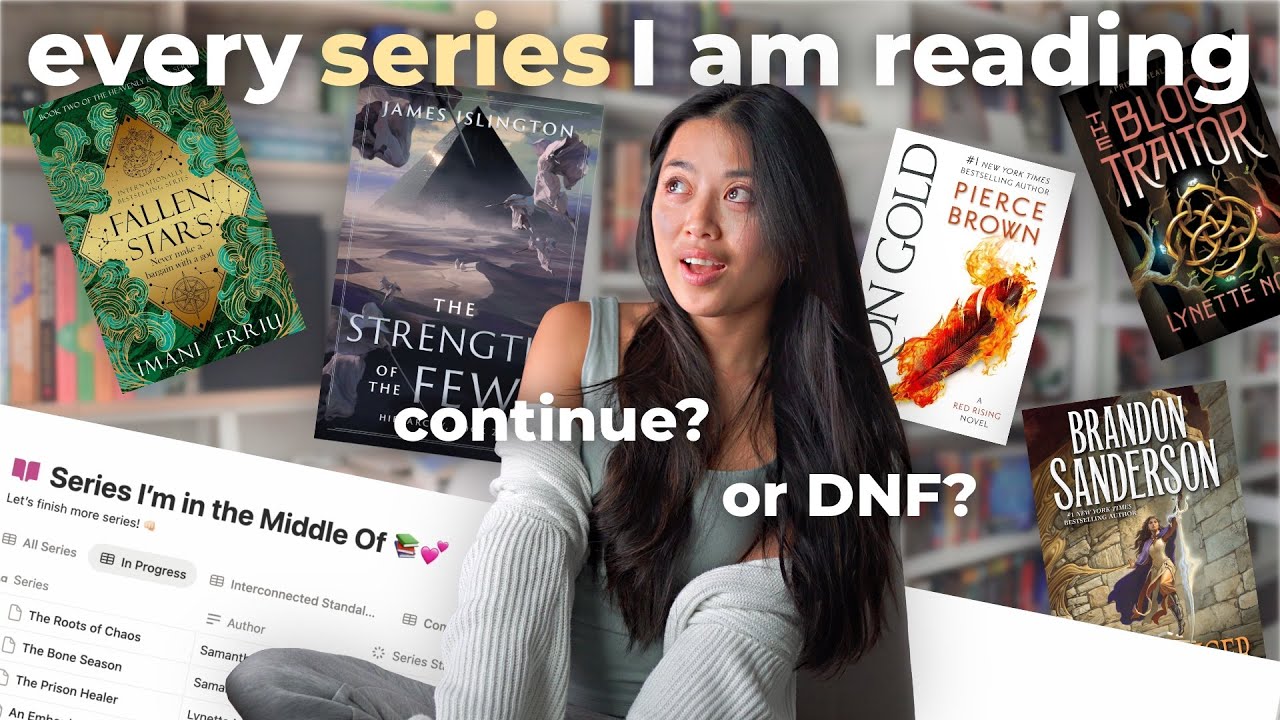 YouTube post by @jaimefok for BookoftheMonth. Caption reads: ALL the series I'm in the middle of... do I....