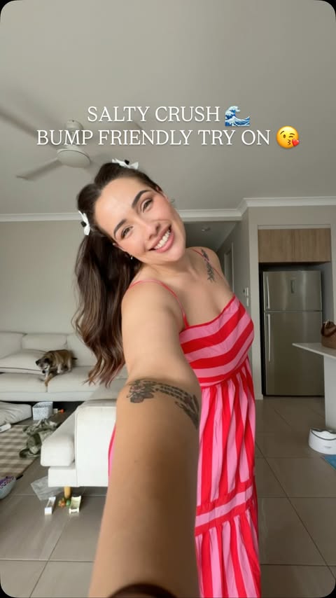 Instagram post by @itsaboutsabrina for Salty Crush. Caption reads: Watch these dresses follow me through pregnancy....